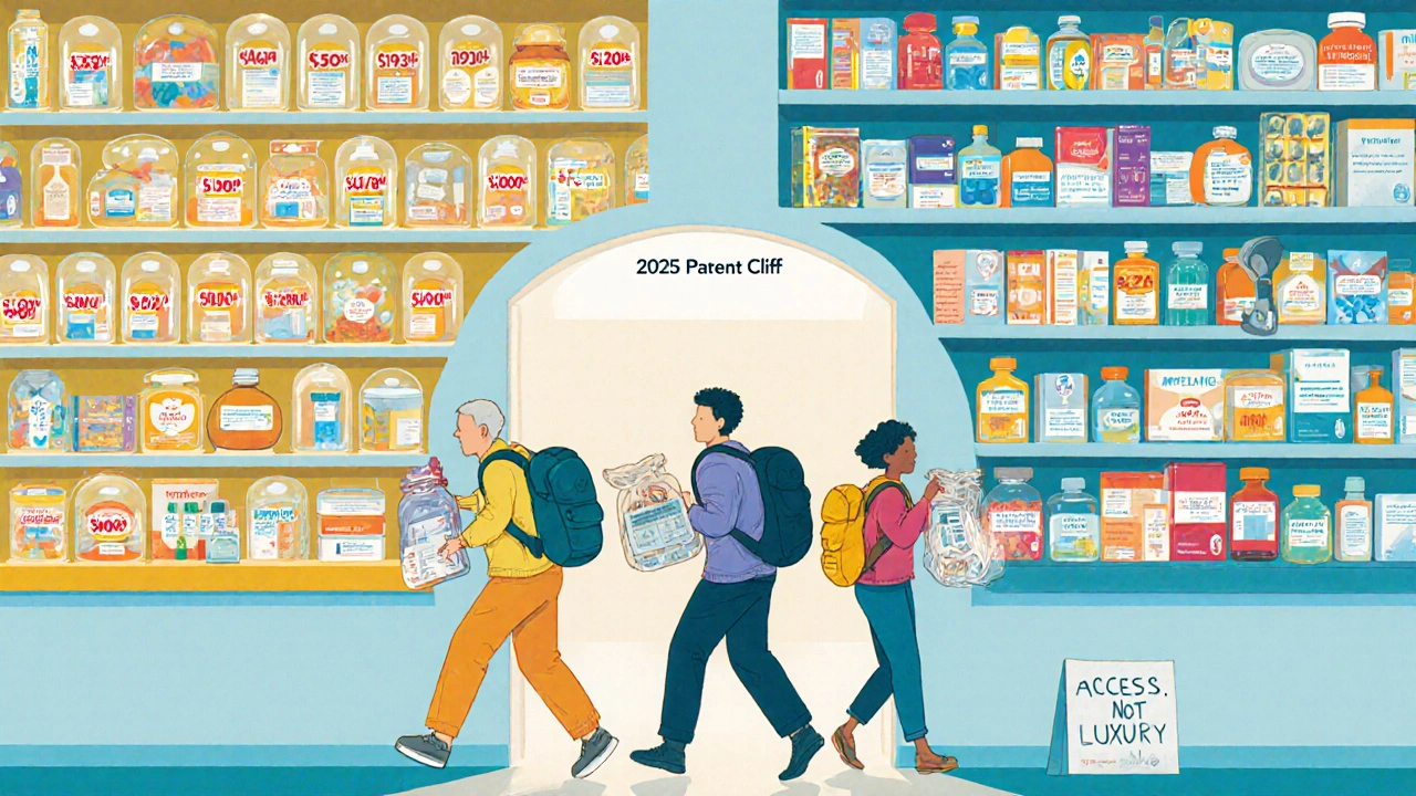 A pharmacy shelf splits into expensive brand drugs and affordable generics as patients shed heavy financial backpacks.