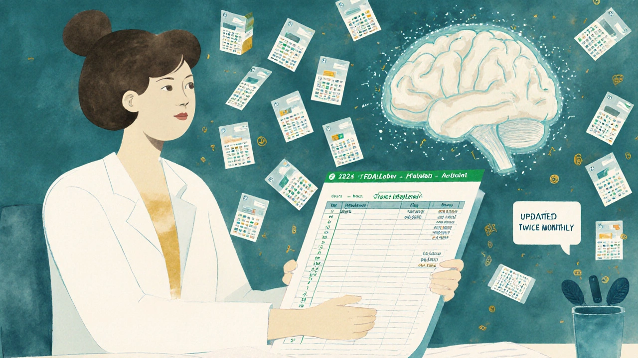 A professional holding an Excel export from FDALabel, with 149,000 floating drug labels and an AI analysis bubble behind them.