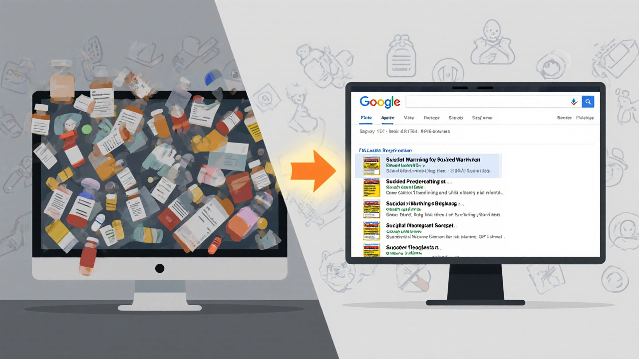 A side-by-side comparison: blurry Google results vs. a clear FDALabel search for suicidal thoughts in boxed warnings.
