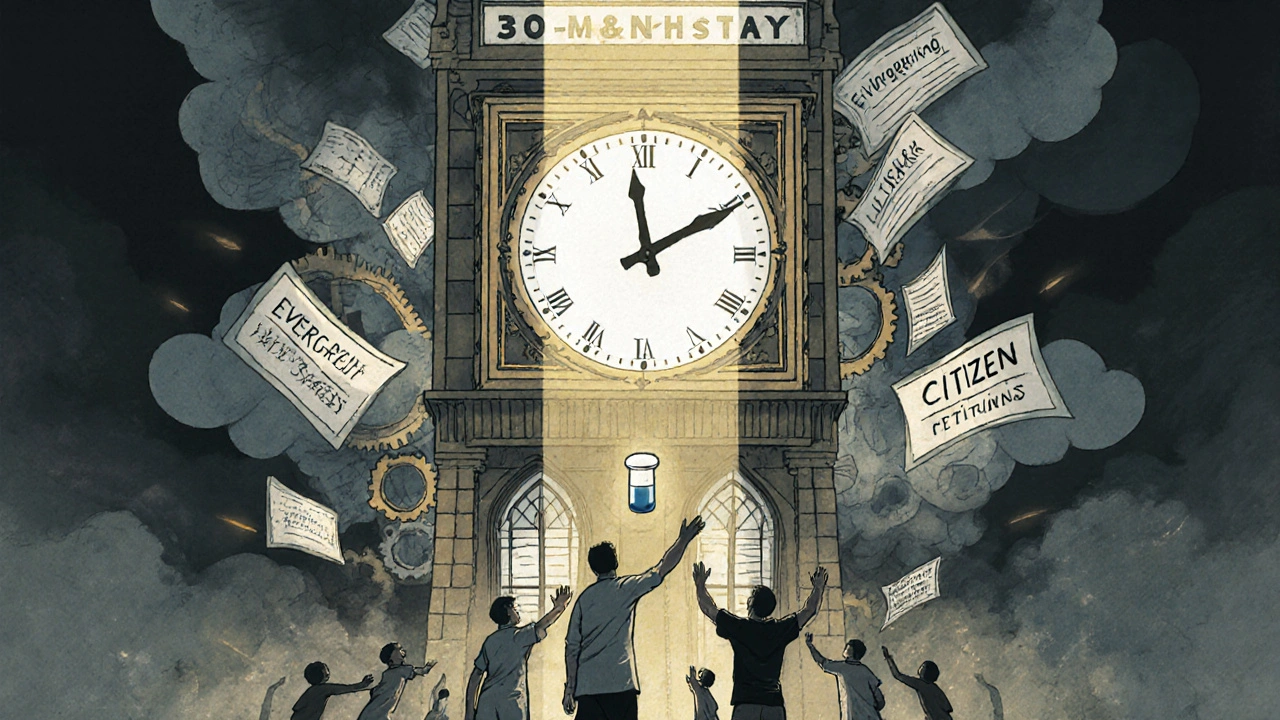 A slow-turning 30-month clock blocks patients from reaching a generic pill, surrounded by symbols of legal delays and corporate tactics.