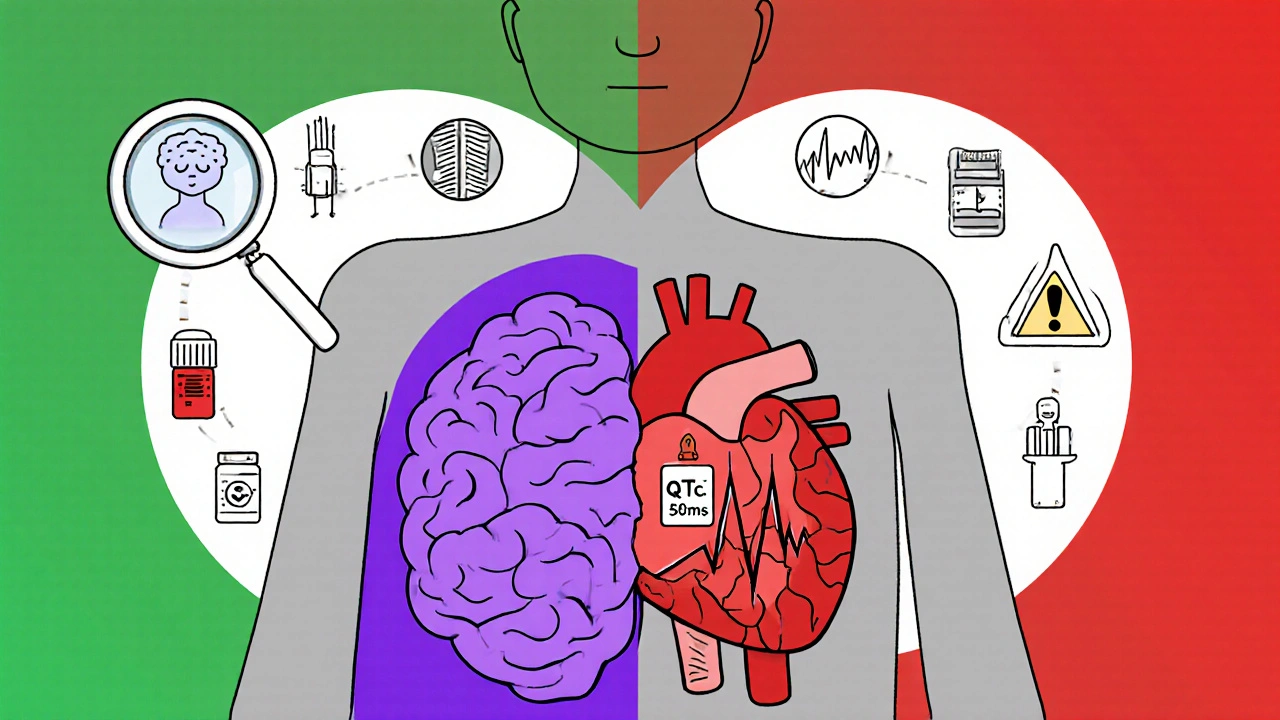 A split-body illustration showing a calm brain and a strained heart with warning symbols and medication labels.