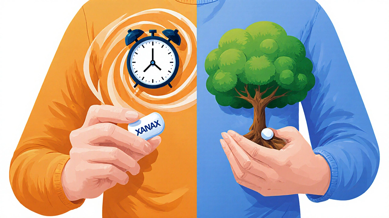 A split scene: one side shows panic with Xanax and a clock, the other shows calm growth from buspirone like a rooted tree.
