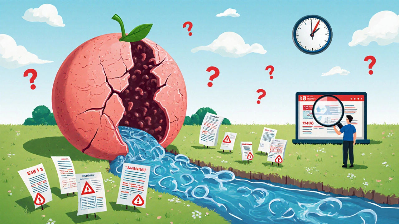 Bursting muscle cell spilling fluid into a kidney landscape with clogged filters, pharmacist checking digital alerts, clock ticking.