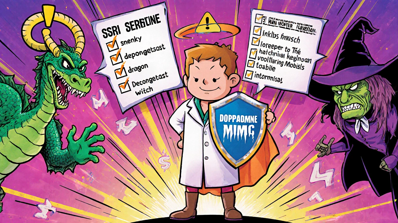 Cabergoline superhero defending against cartoon drug interaction villains