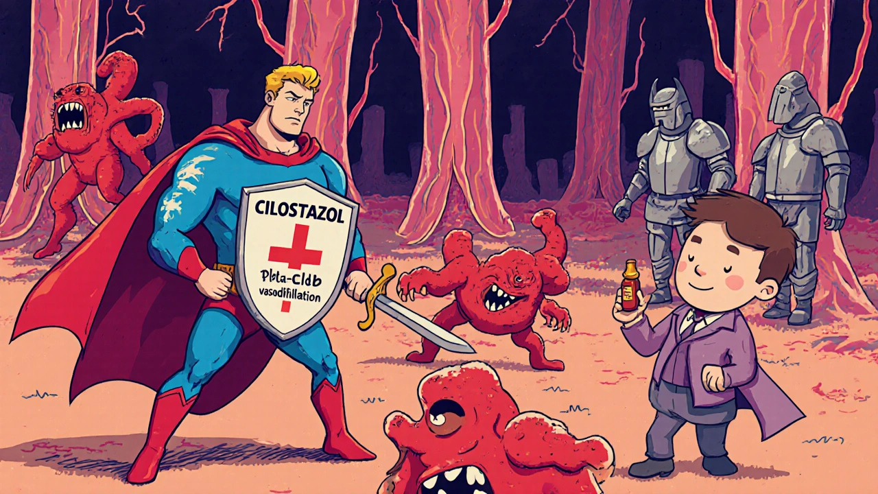 Cartoon battle between Cilostazol superhero and plaque monsters in arteries.