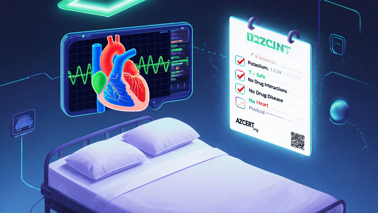 Futuristic AI interface analyzing a 3D heart with color-coded T-waves and a safety checklist.