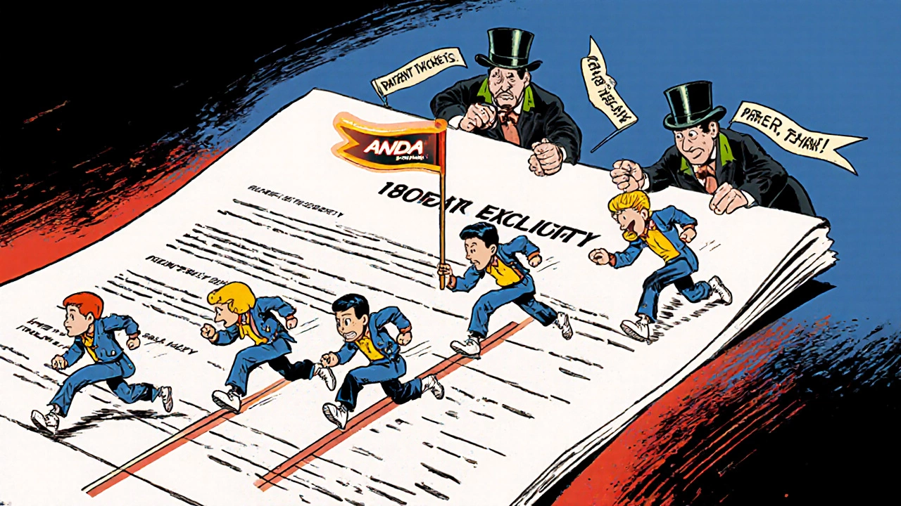 Generic drug companies race on a patent-shaped track toward 180-day exclusivity, dodging obstacles thrown by brand-name rivals.