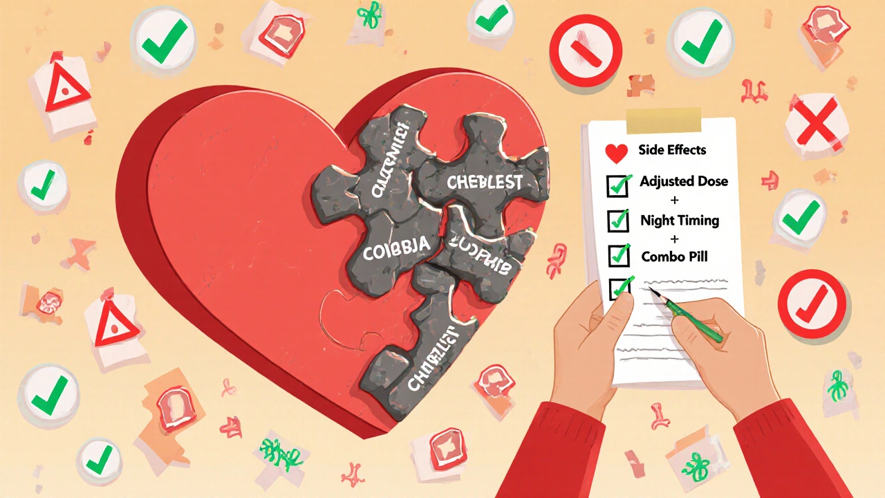 Heart made of puzzle pieces being repaired by a pharmacist with adjusted medication solutions.
