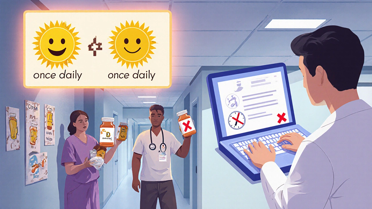 Hospital hallway with clear &#039;once daily&#039; signs, patients holding pill bottles with sun and clock icons, doctor using safe EHR system.