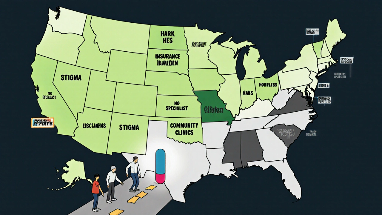 Map of the U.S. showing unequal hepatitis C treatment access and community solutions lighting up gaps.