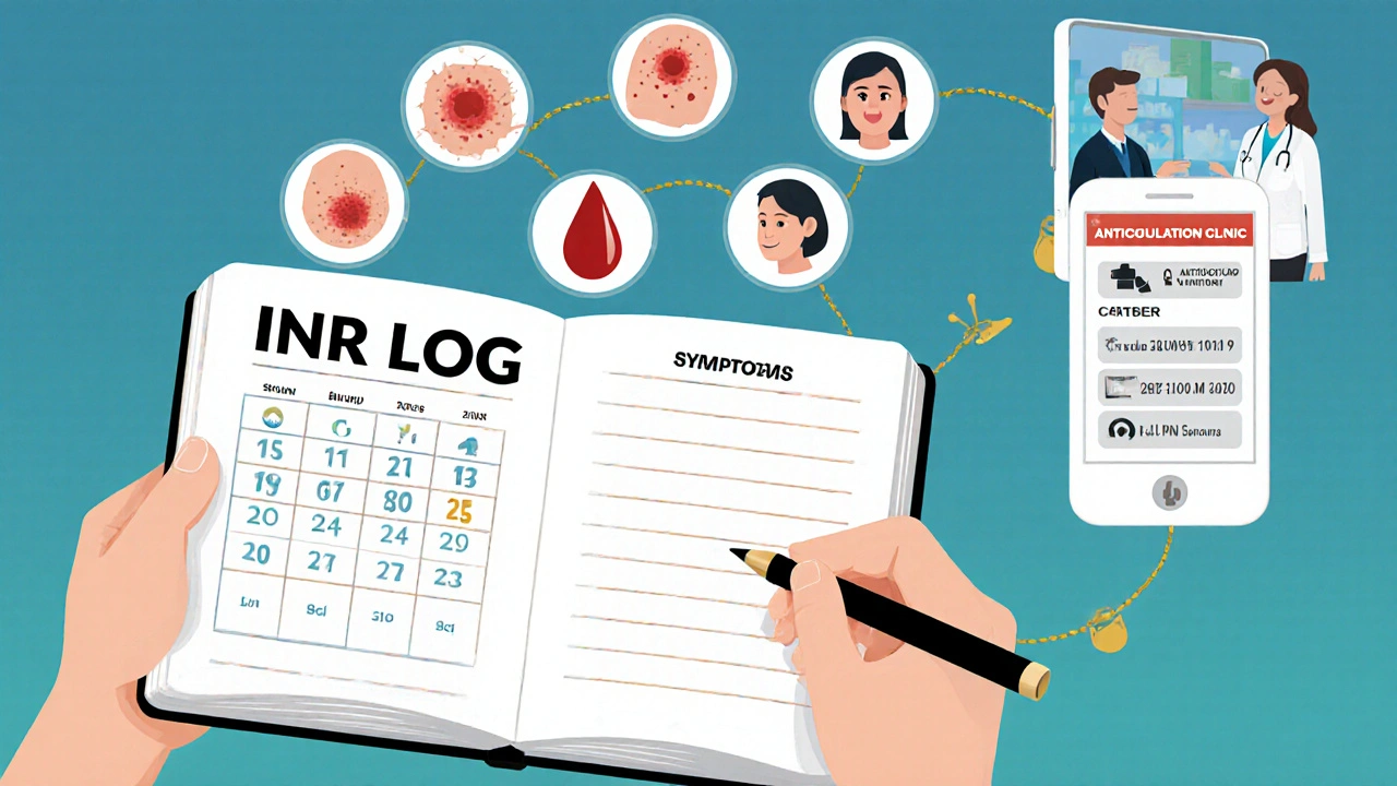 Patient keeping an INR log while floating bleeding symptoms appear, reaching for phone to call their anticoagulation clinic.