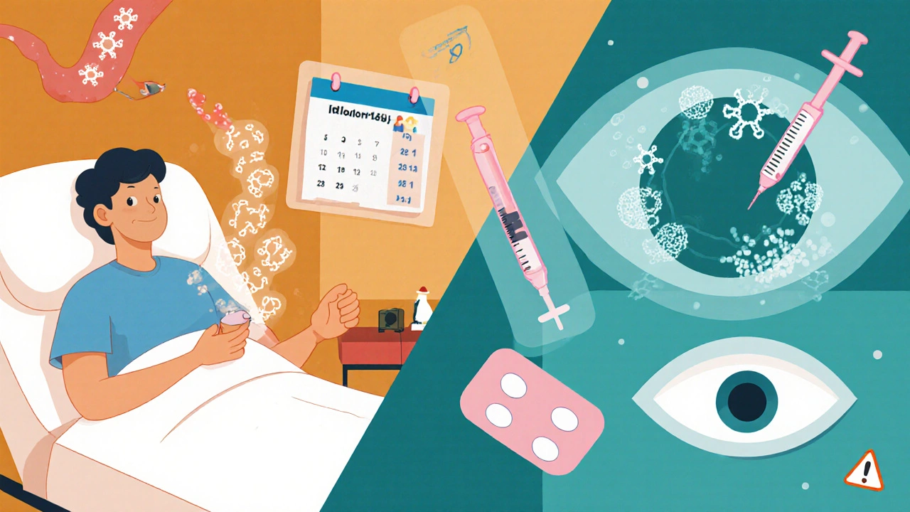 Patient receiving voriconazole treatment via IV and oral tablets, with visual timeline of recovery and monitoring symbols.