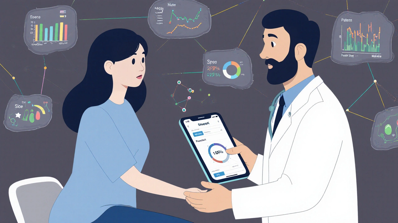 Patient sharing a mood-tracking app with a doctor, with data streams connecting them in a clinical setting.