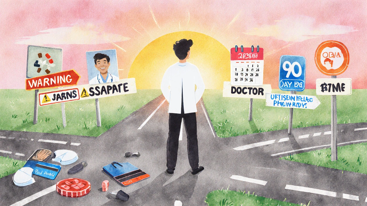 Person choosing between risky online drugs and safe medical care with doctor and therapy symbols.