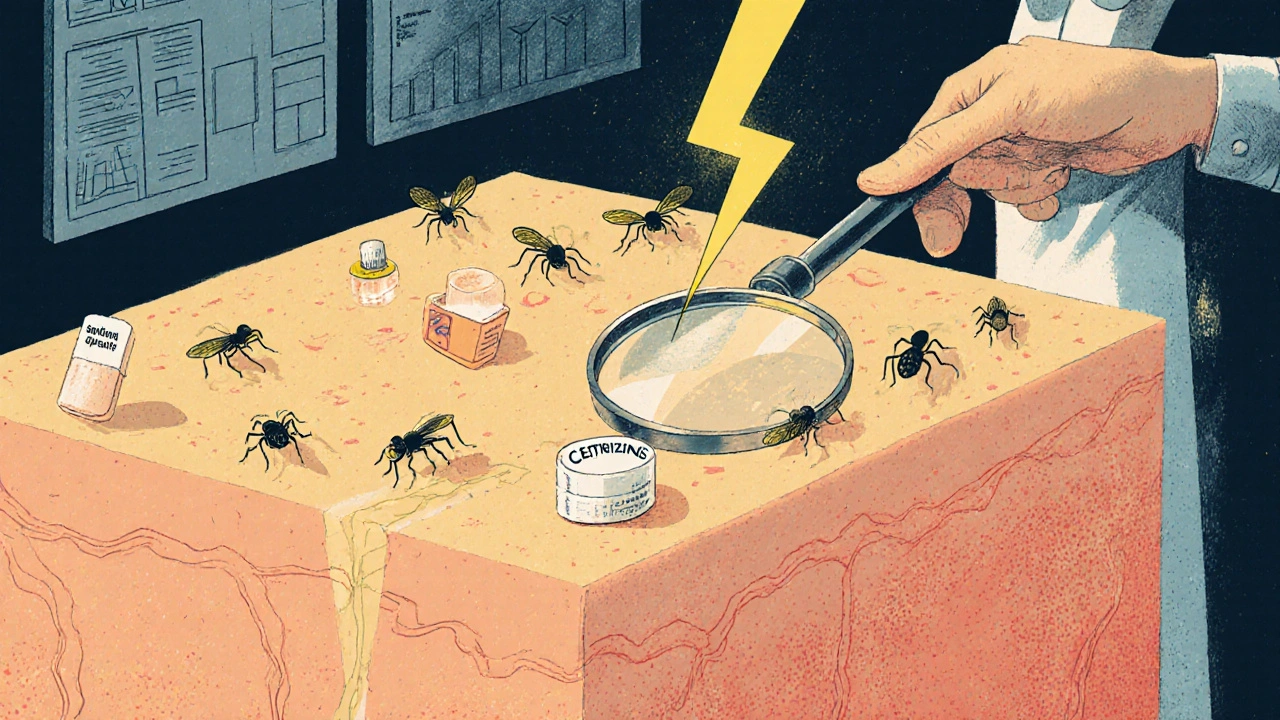 Pharmacist examining skin with medication icons crawling, one sparking itch lightning.