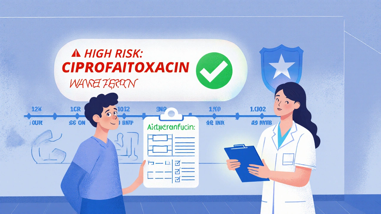 Pharmacist pointing to safe vs. risky antibiotics for warfarin patients, with glowing warning and safety symbols.