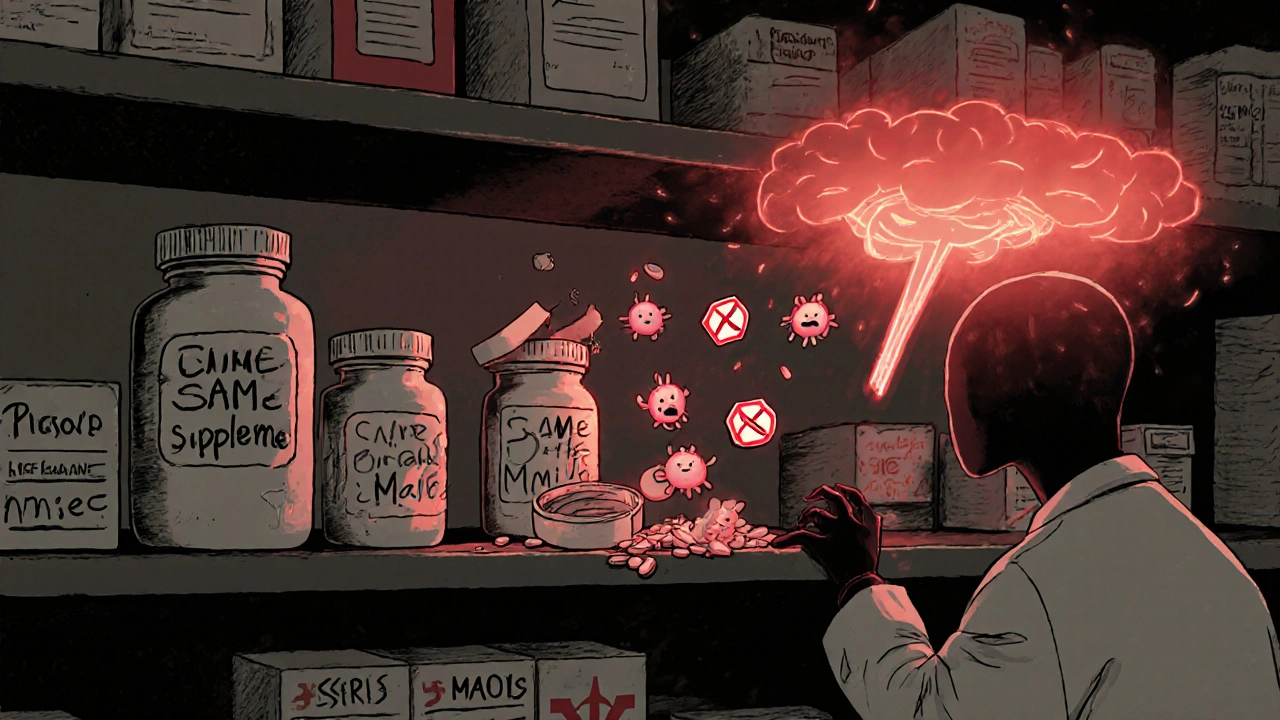 SAMe supplement bottles on a shelf with warning symbols, contrasting with safely labeled antidepressants.