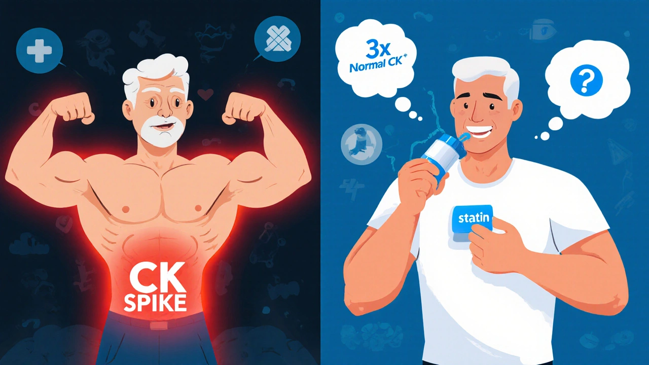 Split illustration showing muscle strain from exercise versus statin use with elevated CK levels visualized as glowing signals.