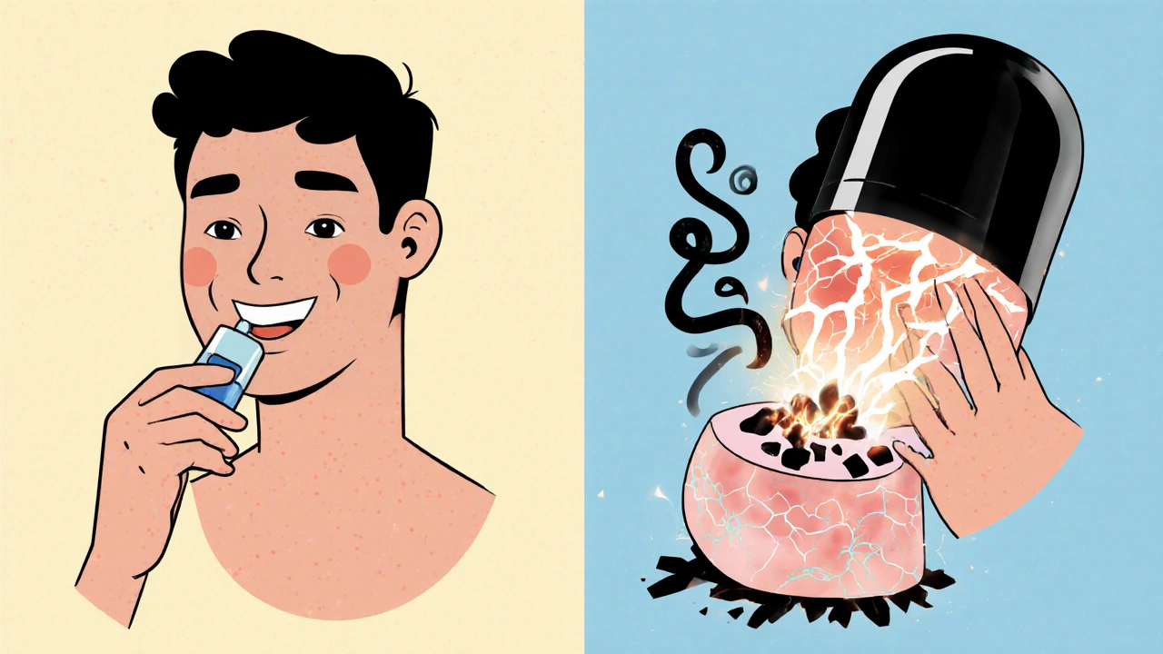 Split image: calm skin vs. intense itching with nerve pathways and crumbling pill.