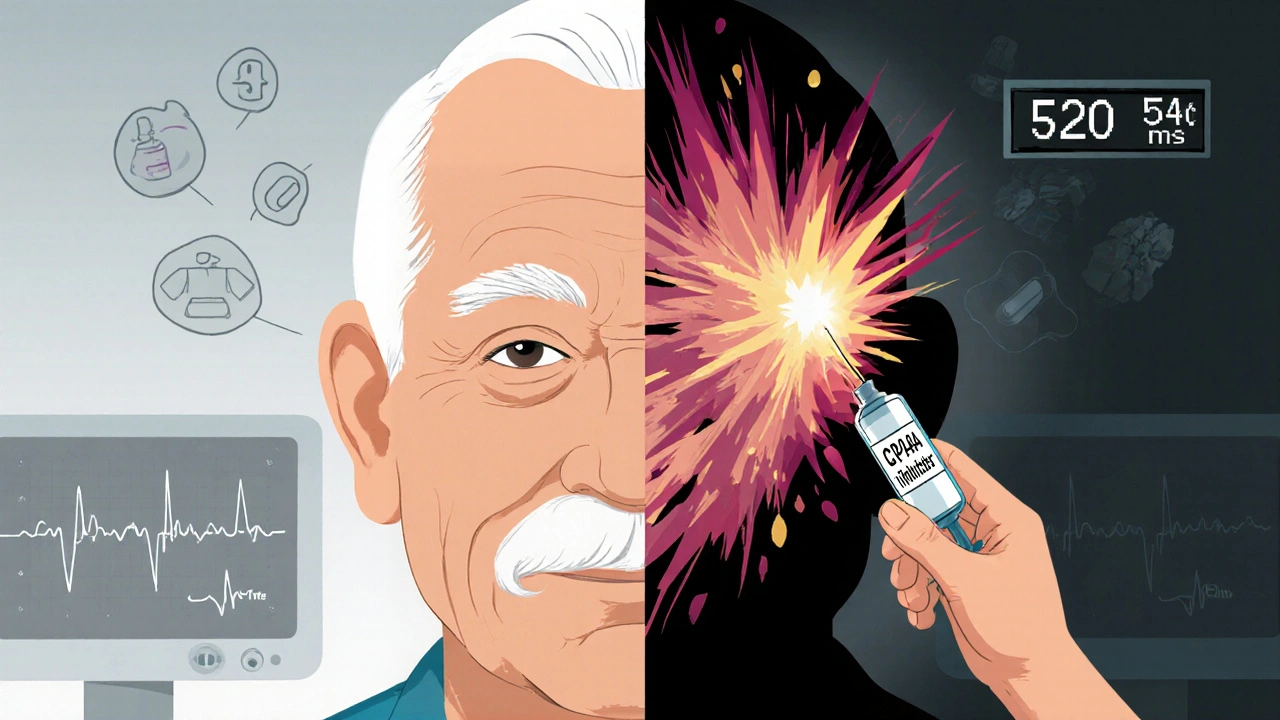 Split portrait of a patient with one side calm and the other showing a chaotic heart rhythm and drug symbols.