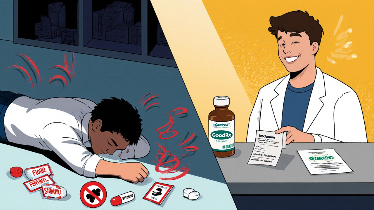 Split scene: dangerous fake pills vs. safe prescription at a licensed pharmacy.
