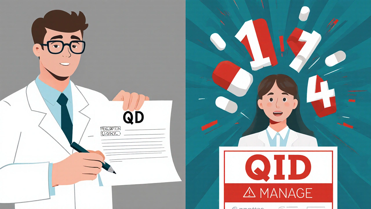 Split scene: doctor writes QD, pharmacy label shows QID with pills bursting out, patient confused by floating 1 and 4.