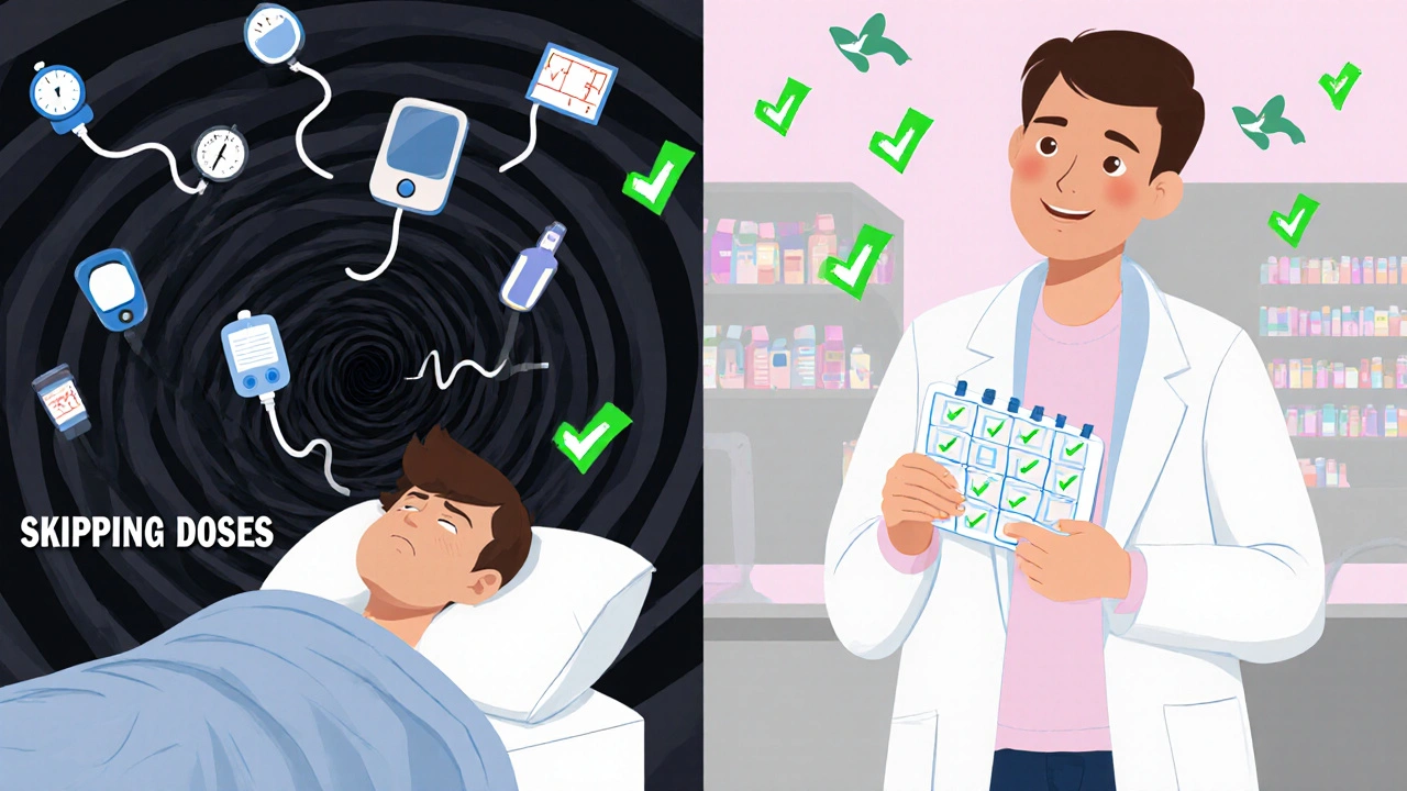 Split scene: person sinking from skipped meds vs. thriving with pill organizer and pharmacist support.