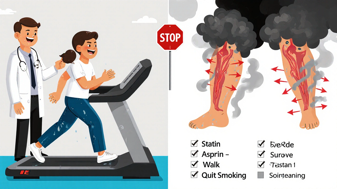 Split scene: person walking with therapist vs. smoking with dark clouds over legs.