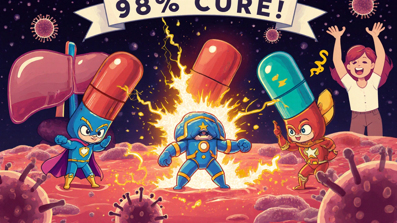 Stylized battle inside the bloodstream where antiviral pills destroy hepatitis C proteins.