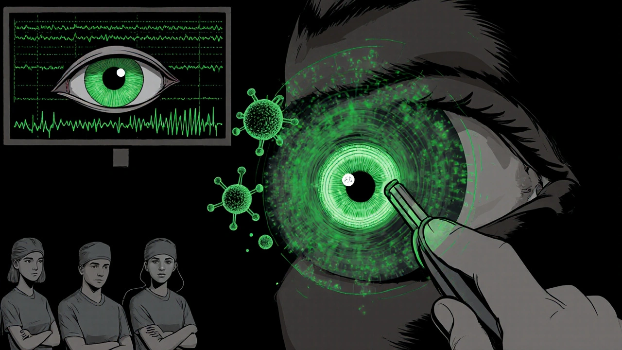 Surgeon removing fungal tissue from eye socket while antifungal molecules neutralize remaining infection in concept art.