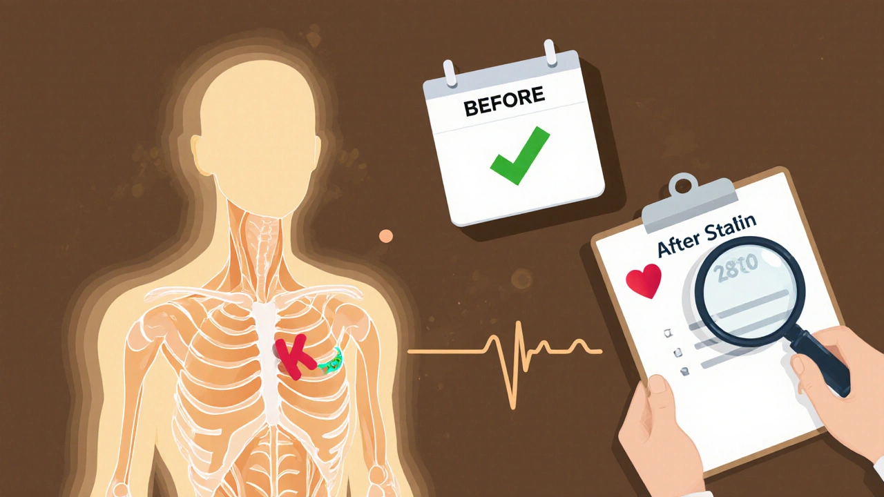 Transparent human figure with glowing CK enzyme release, doctor reviewing baseline level of 280 U/L before statin therapy.