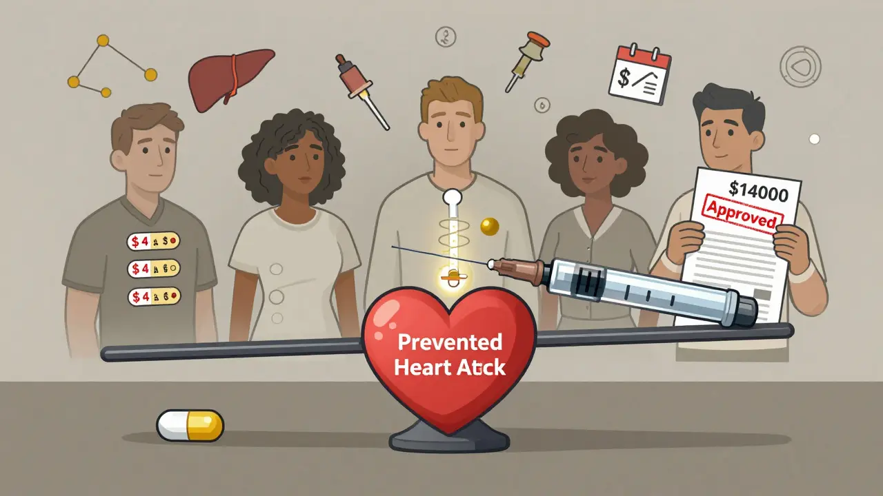 A cost-benefit scale balancing expensive PCSK9 inhibitor against a prevented heart attack, with diverse patients in background.