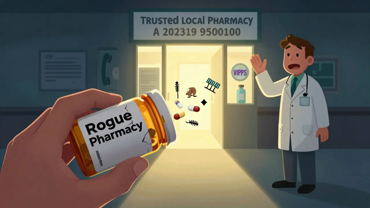 A cracked pill bottle spilling dangerous contaminants, with a safe pharmacy path glowing behind the person in stylized concept art.