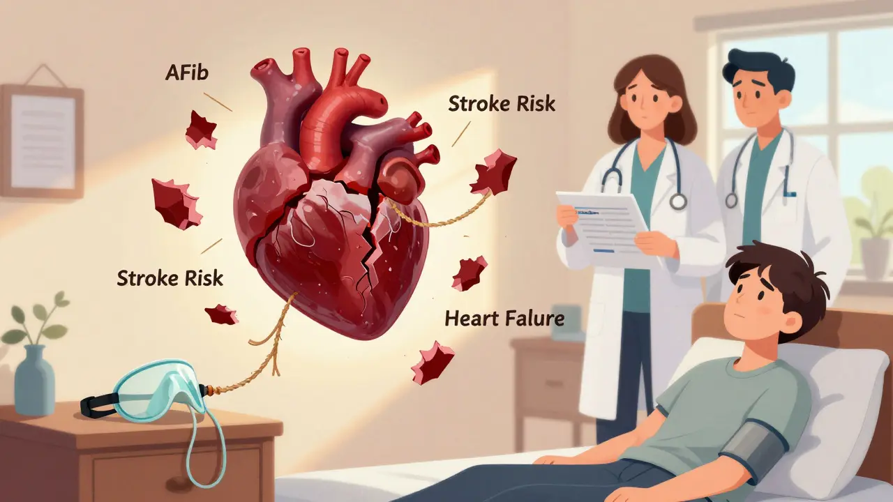 A fractured heart connected to health risks, with an unused CPAP mask and medical team revealing the link to sleep apnea.