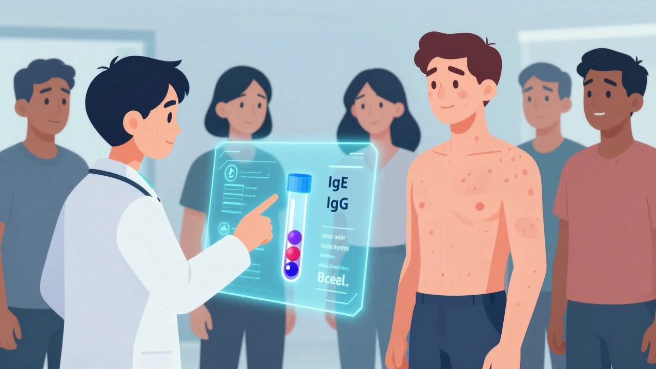 A glowing blood test shows immune subtypes as a doctor explains personalized CSU treatment.