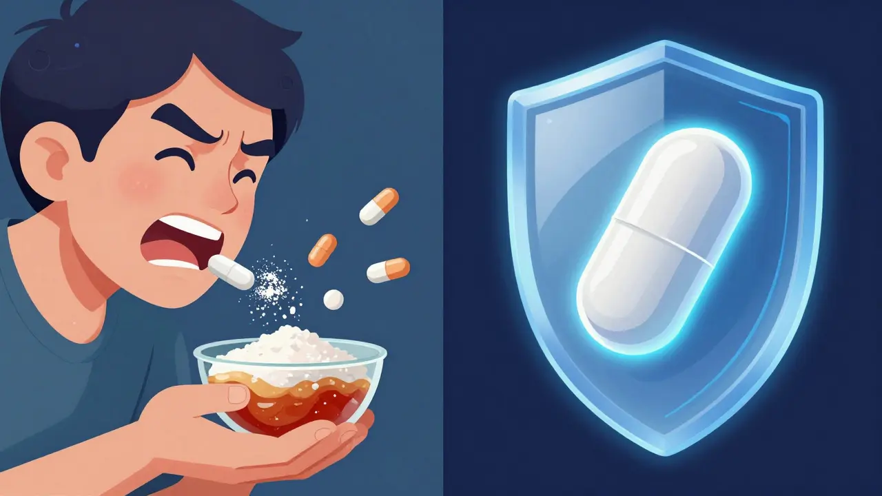 A patient taking gritty cholestyramine powder on one side, while a sleek pill blocks bile acid reabsorption on the other, symbolizing old vs. new treatments.