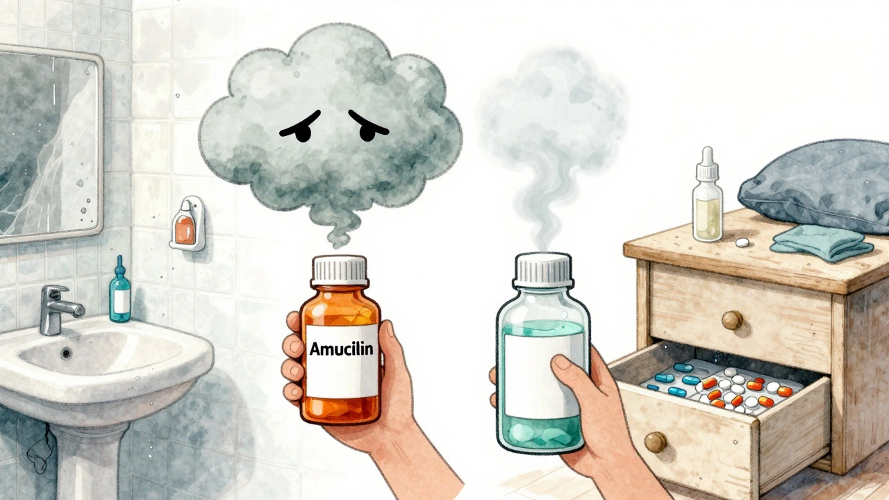 A person holding expired antibiotics as a sour-smelling cloud forms, next to a fresh bottle.