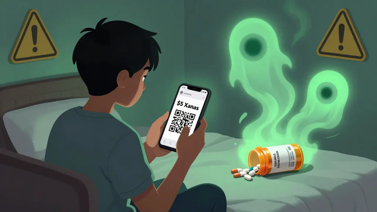 A person looking at a phone with a fake pill ad, while dangerous symptoms rise as mist from the pills.