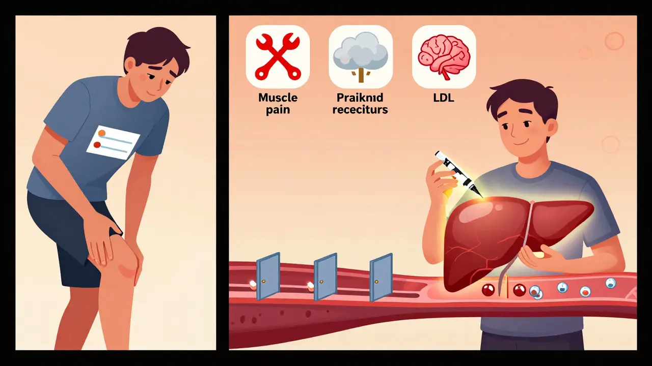A person overcoming statin side effects by switching to PCSK9 inhibitor injection with glowing liver and fading symptoms.