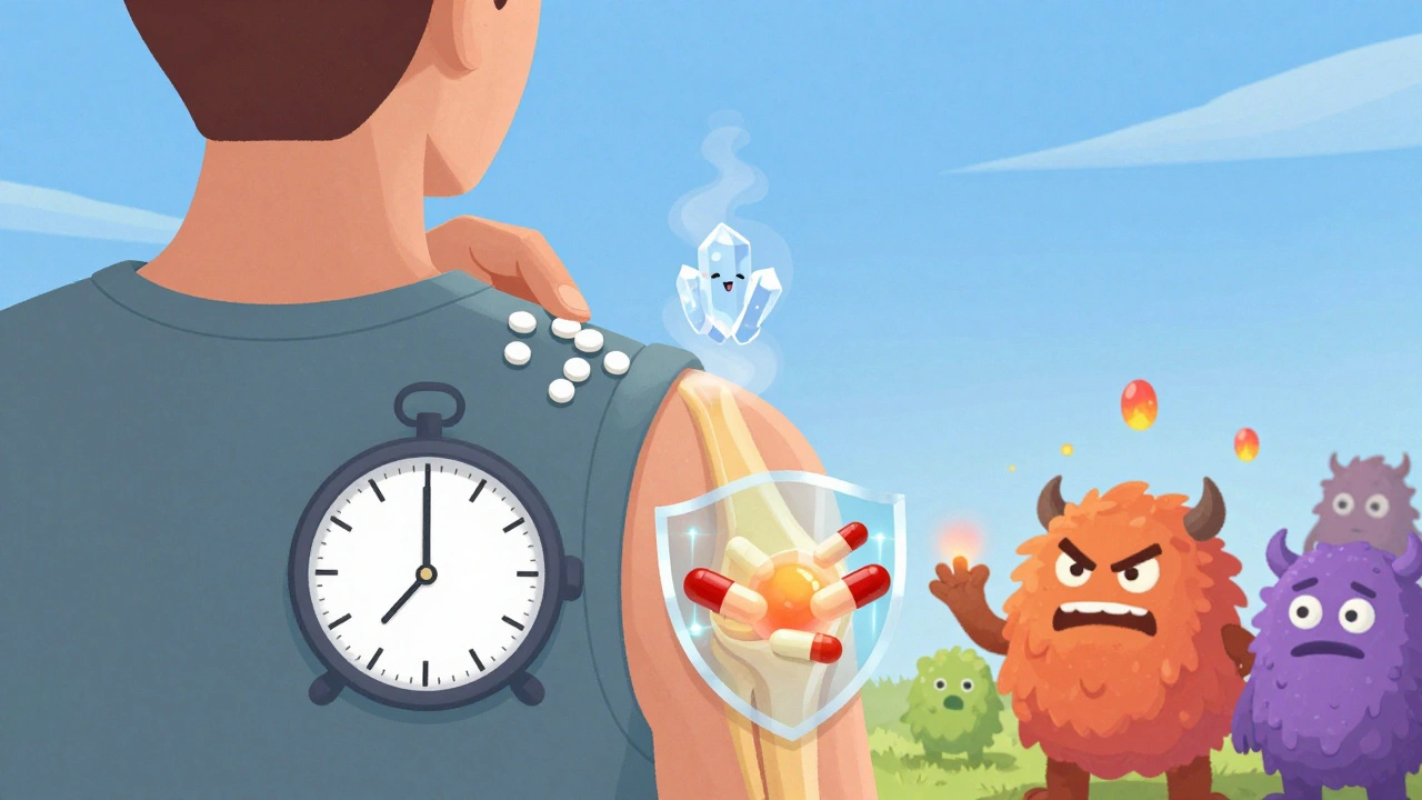 A person taking medication as crystals dissolve into mist, with protective capsules shielding their joint from inflammation.