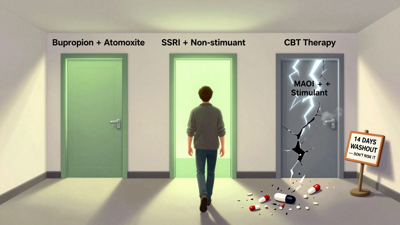 A person walks toward safe treatment options while a dangerous drug combination door explodes behind them in a dark, warning-filled corridor.
