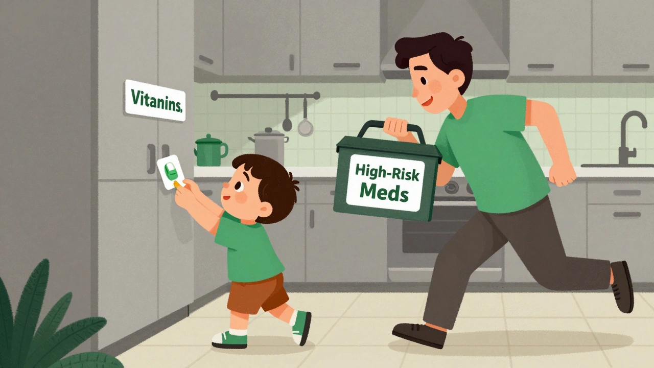 A toddler pulling a fentanyl patch from a kitchen cabinet labeled &#039;Vitamins&#039; as a parent rushes in with a secure lockbox.