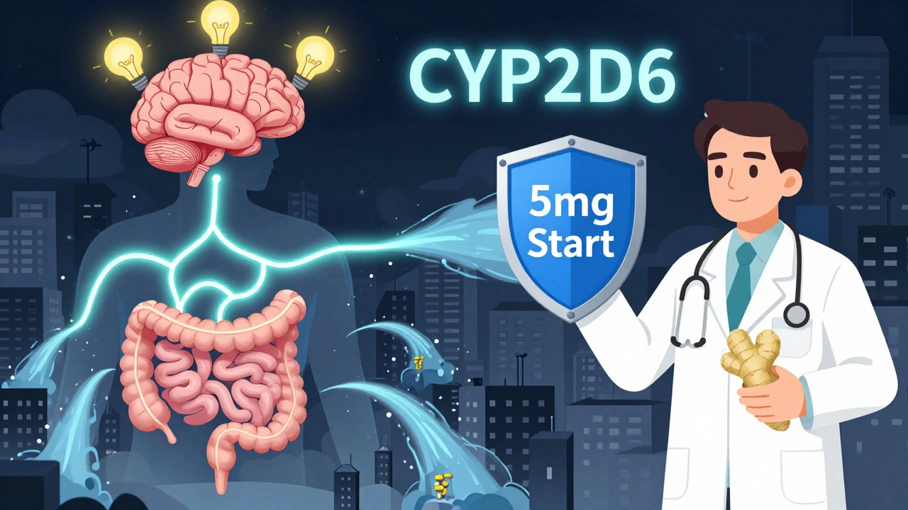 Brain and gut connected by serotonin streams, with a doctor holding a 5mg shield and ginger root as protection.