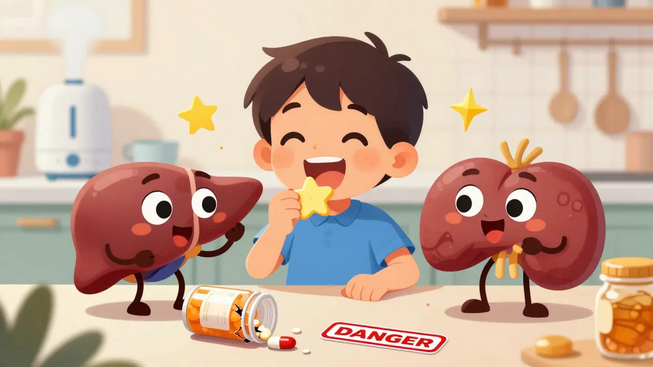 Child taking a star-shaped chewable tablet while cartoon organs smile approvingly.