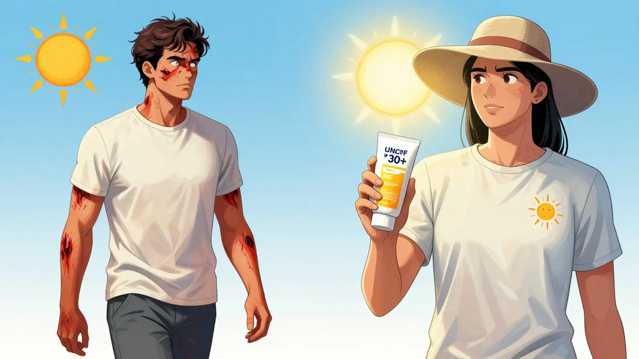 Contrasting images of unprotected vs. protected sun exposure while on photosensitizing antibiotics.