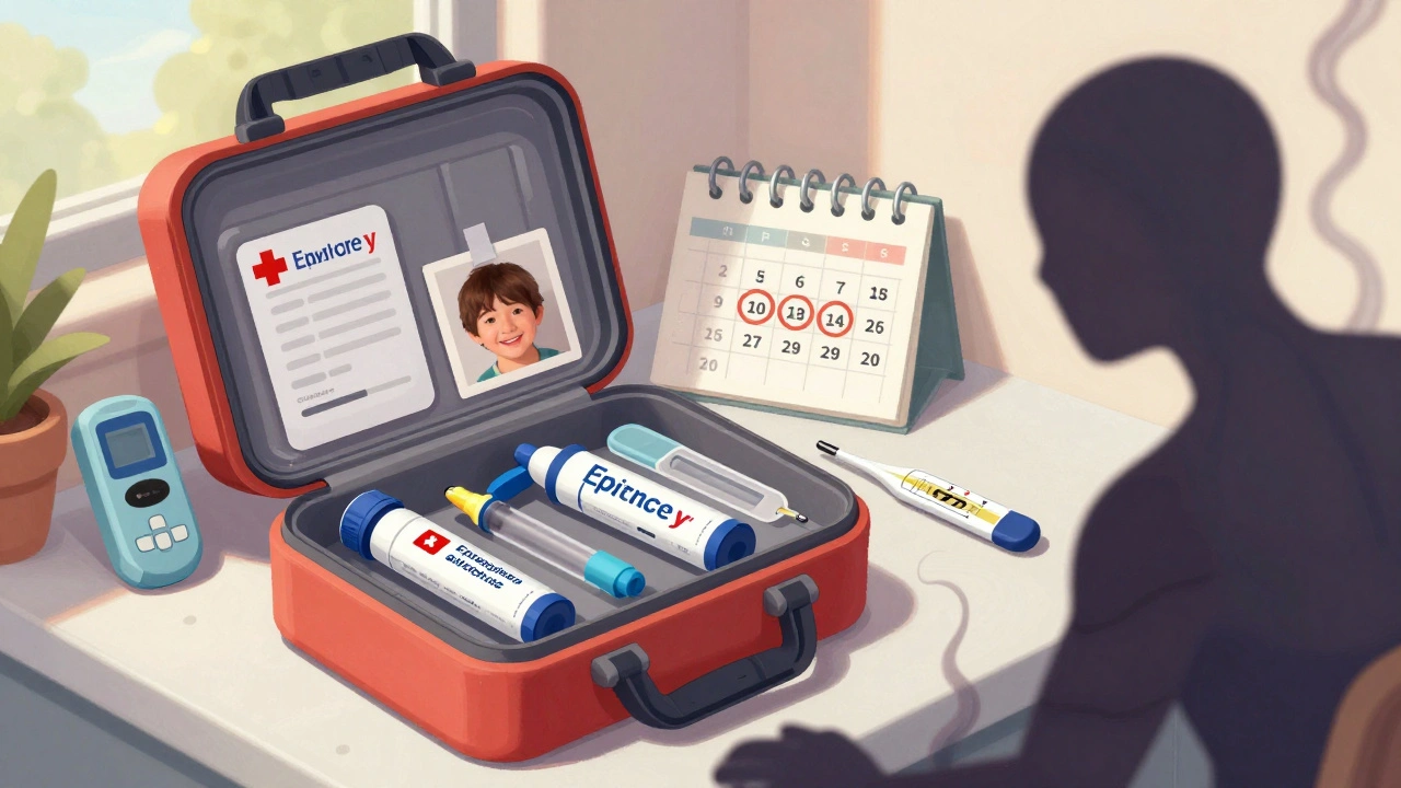 Emergency kit on counter with two injectors, expiration calendar, and child&#039;s photo, symbolizing preparedness.