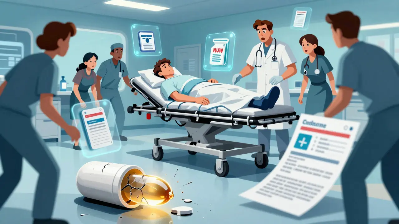 Emergency room scene with a counterfeit pill on the floor, glowing with fentanyl, surrounded by medical staff.