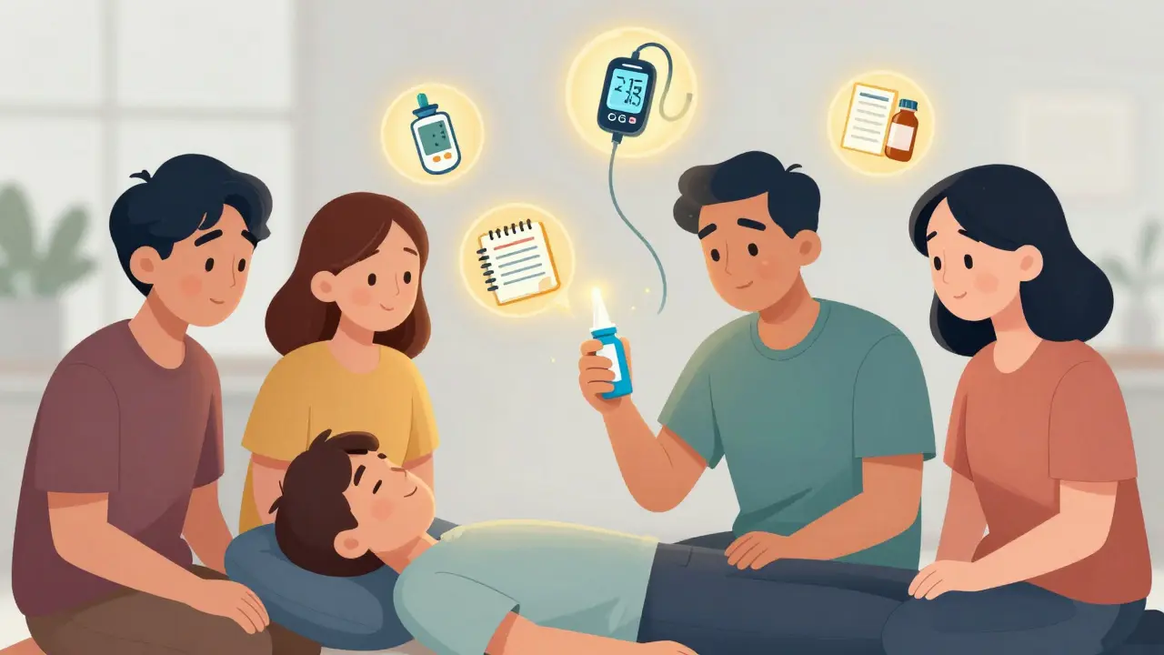 Family administering nasal glucagon to unconscious person with medical tools glowing nearby.