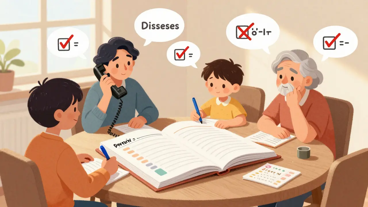 Family updating medication binder together, pharmacist on phone, elderly person nodding in agreement.