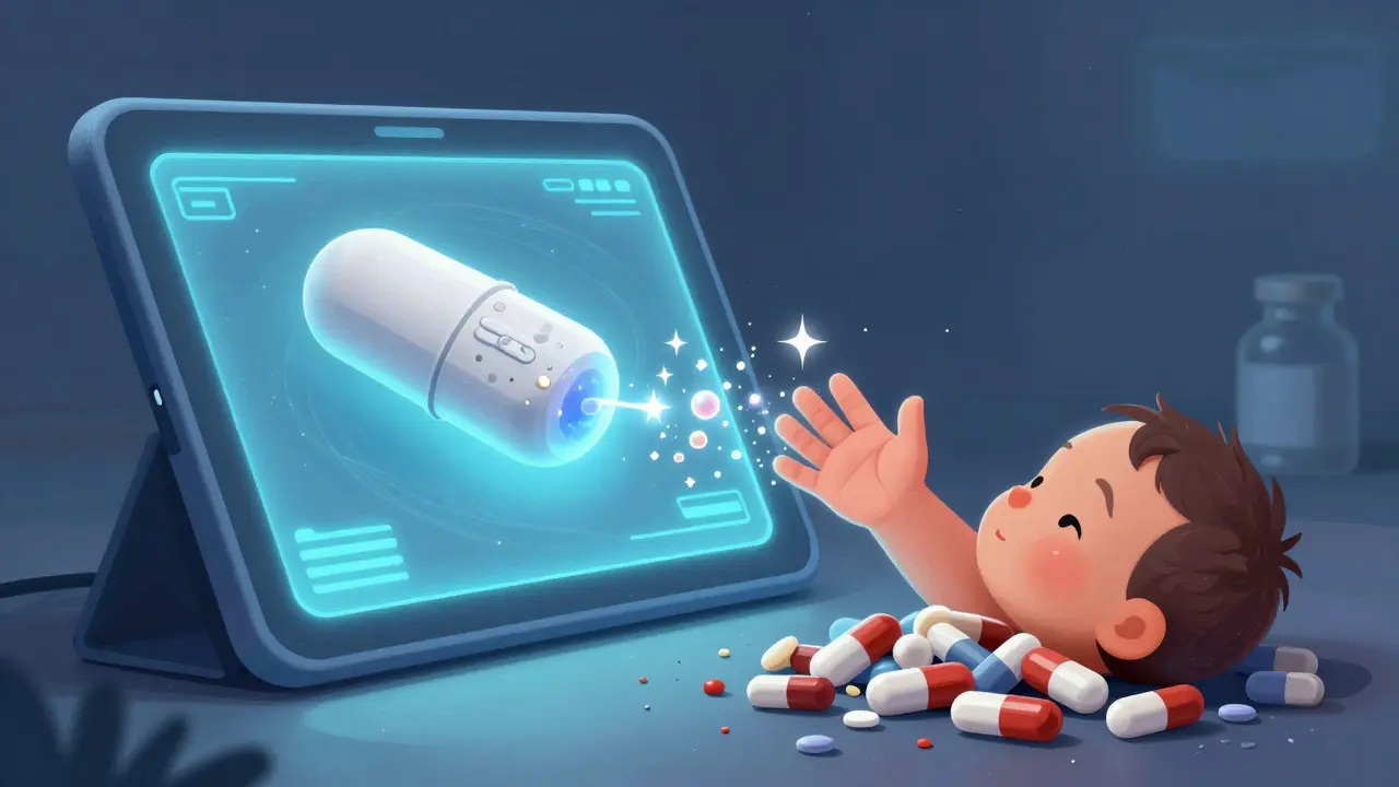 Futuristic 3D-printed pill being made for a child, with harmful drugs disappearing.